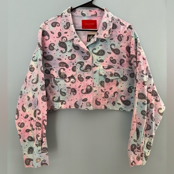 NEW Signature8 Women Cropped Denim Jacket Paisley Print Tie Dye Size Medium - Picture 1 of 6